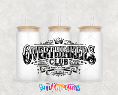 Overthinkers Club frosted glass tumbler group view with lids and straws