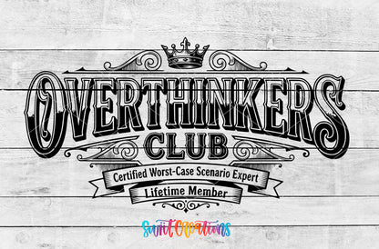 Overthinkers Club artwork detail for the finished 16 oz tumbler