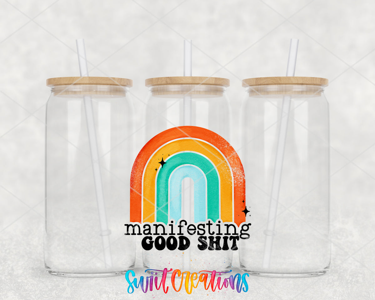 Manifesting Good Shit clear glass tumbler group mockup with bamboo lids and straws