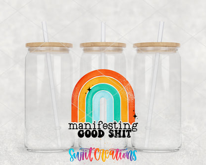 Manifesting Good Shit clear glass tumbler group mockup with bamboo lids and straws