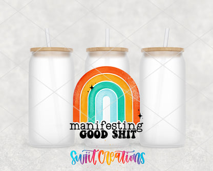 Manifesting Good Shit frosted glass tumbler group view with lids and straws