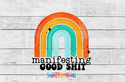 Manifesting Good Shit artwork detail for the finished 16 oz tumbler