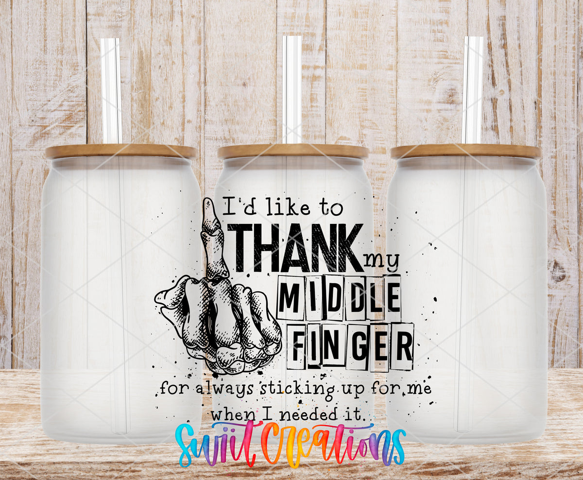 Thank My Middle Finger frosted glass tumbler mockup with bamboo lids and straws