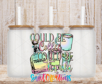 Could Be Coffee Could Be Tequila frosted glass tumbler mockup with bamboo lids and straws