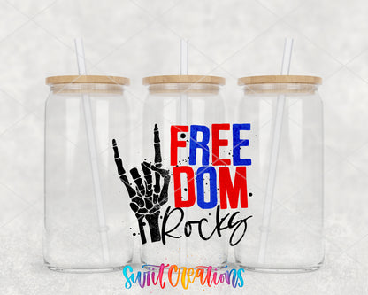 Freedom Rocks clear glass tumbler group mockup with bamboo lids and straws