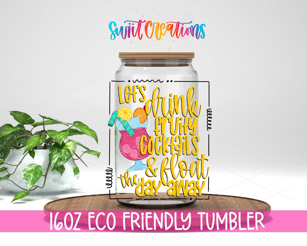 Fruity Cocktails and Float design on a 16 oz clear glass tumbler with bamboo lid