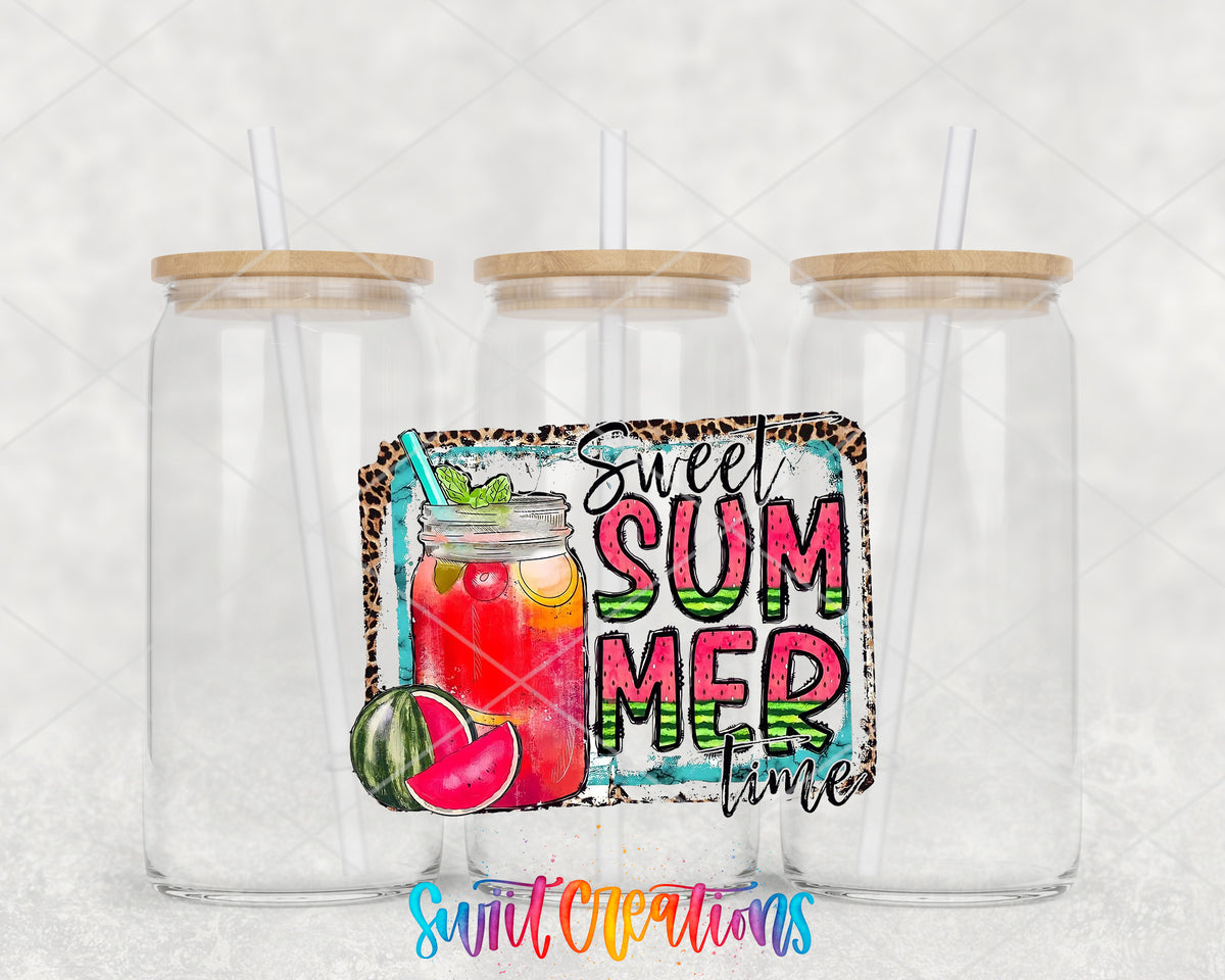 Sweet Summertime clear glass tumbler group mockup with bamboo lids and straws