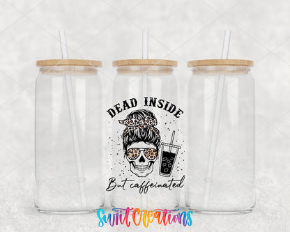 Dead Inside But Caffeinated clear glass tumbler group mockup with bamboo lids and straws