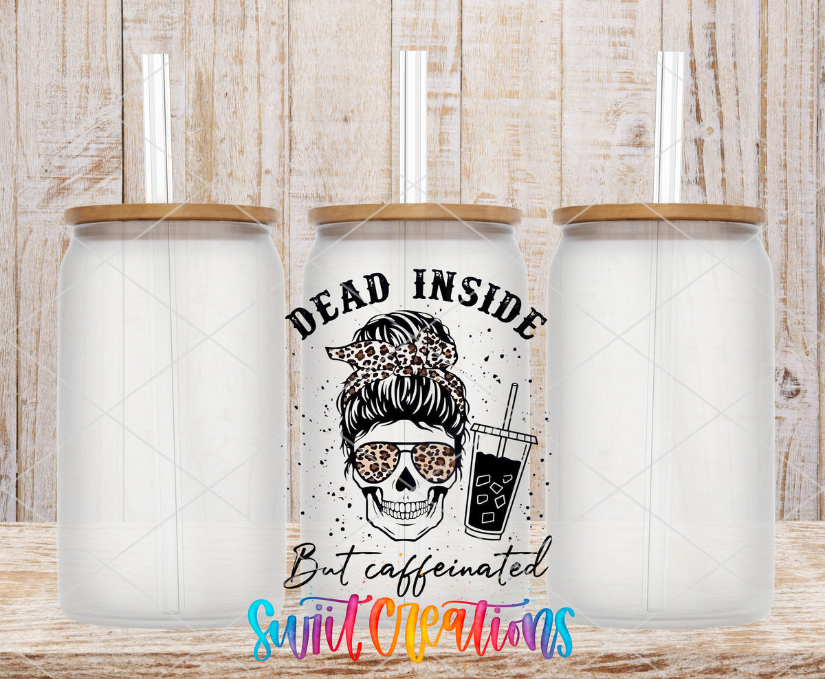 Dead Inside But Caffeinated frosted glass tumbler mockup with bamboo lids and straws