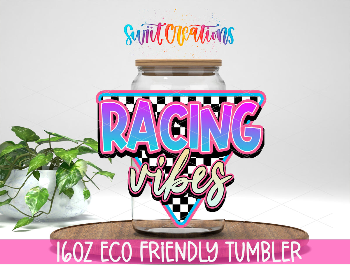 Racing Vibes design on a 16 oz clear glass tumbler with bamboo lid