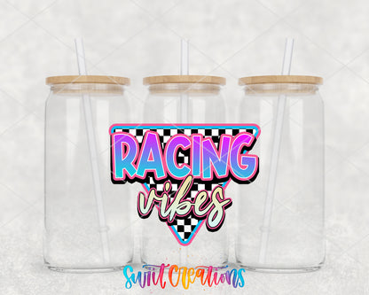 Racing Vibes clear glass tumbler group mockup with bamboo lids and straws
