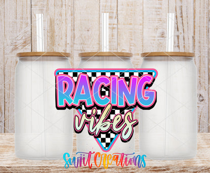 Racing Vibes frosted glass tumbler mockup with bamboo lids and straws