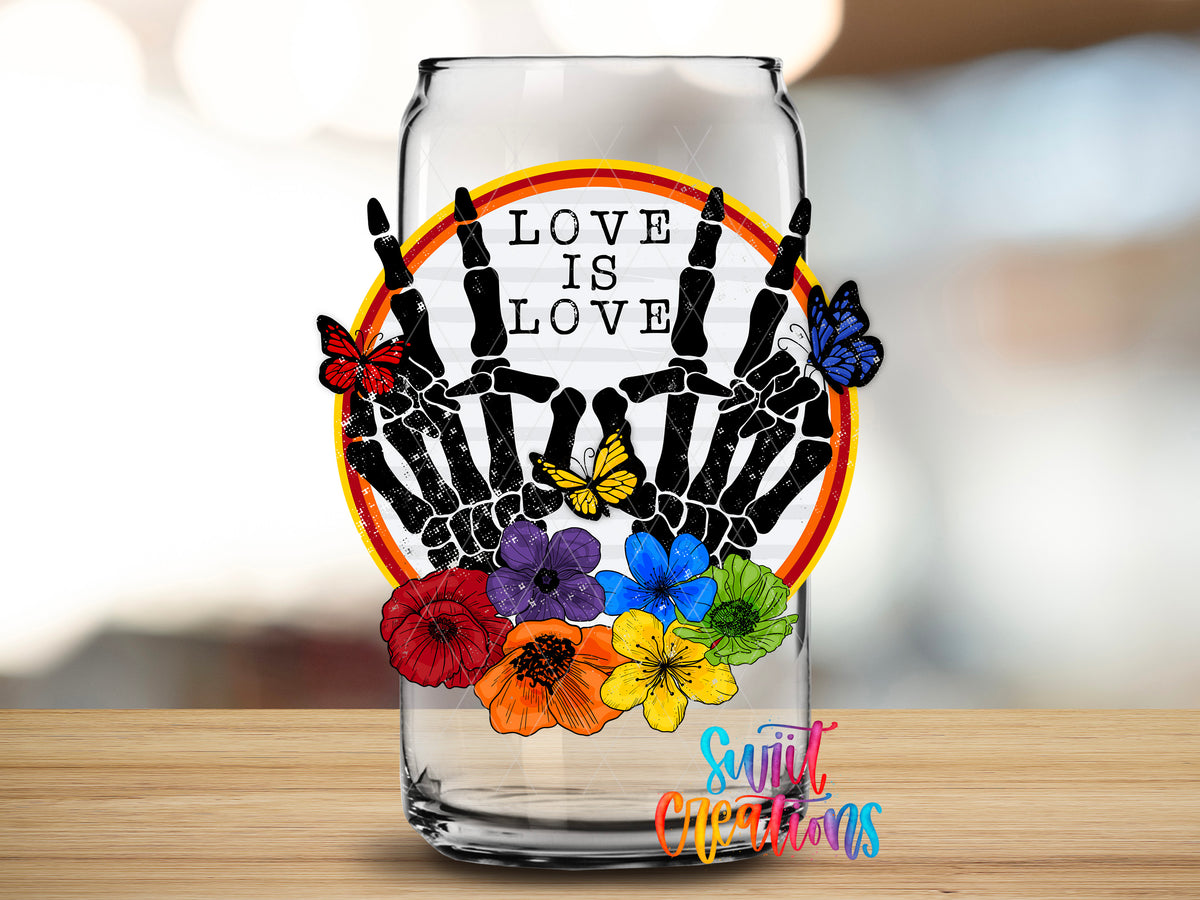 Love Is Love design close-up on a clear glass can tumbler