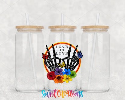 Love Is Love clear glass tumbler group mockup with bamboo lids and straws