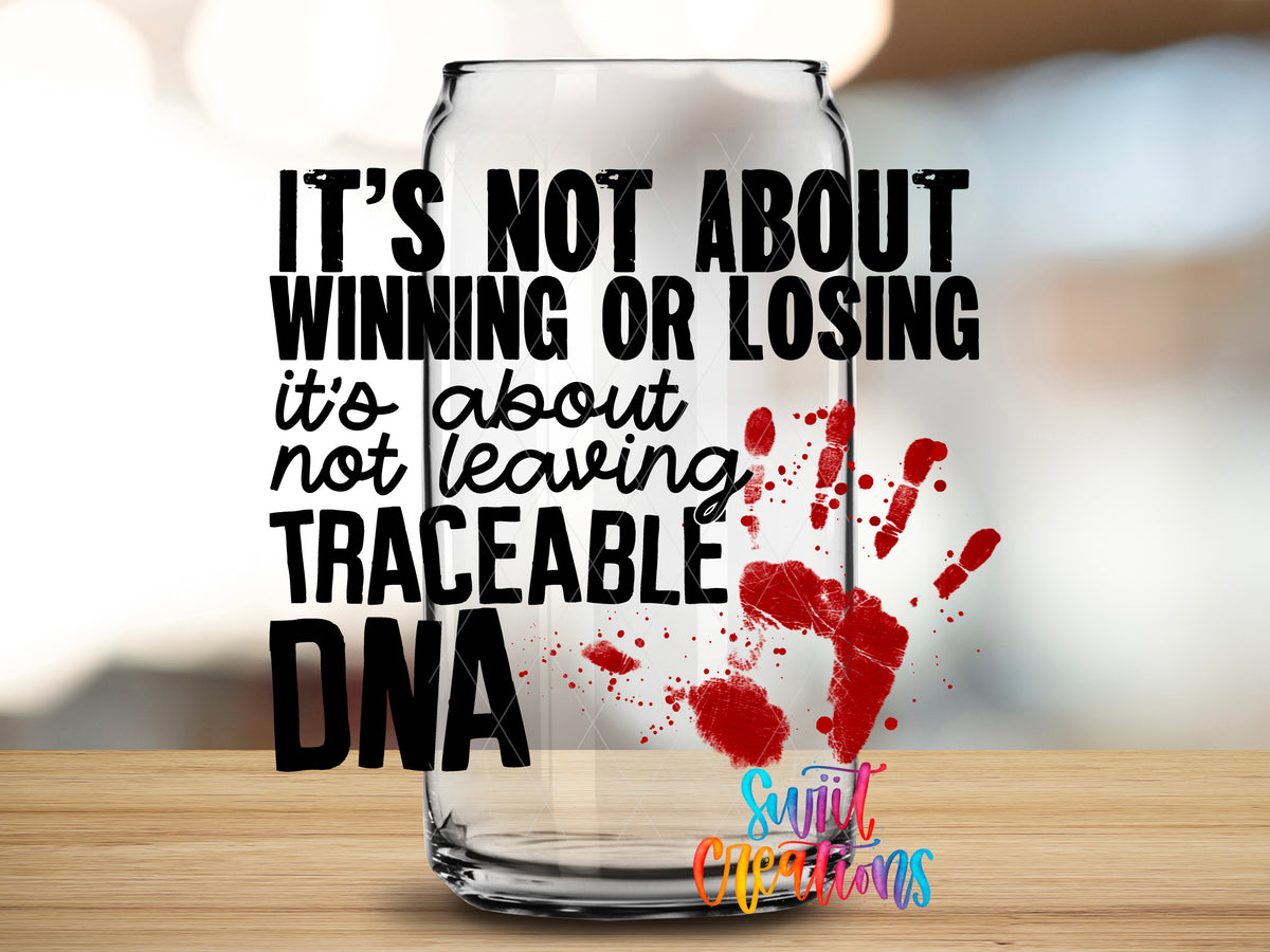 Traceable DNA design close-up on a clear glass can tumbler