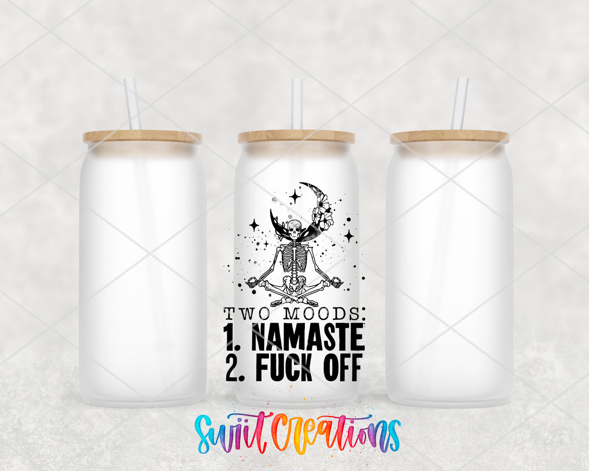 Two Moods Namaste frosted glass tumbler group view with lids and straws