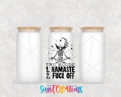 Two Moods Namaste frosted glass tumbler group view with lids and straws