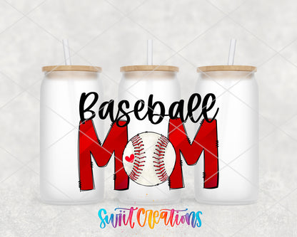 Baseball Mom frosted glass tumbler group view with lids and straws
