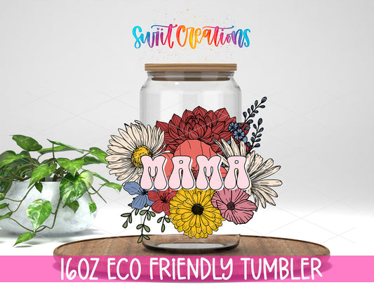 Mama Flower Bouquet design on a 16 oz clear glass tumbler with bamboo lid