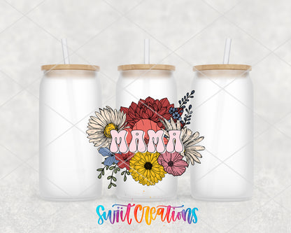 Mama Flower Bouquet frosted glass tumbler group view with lids and straws