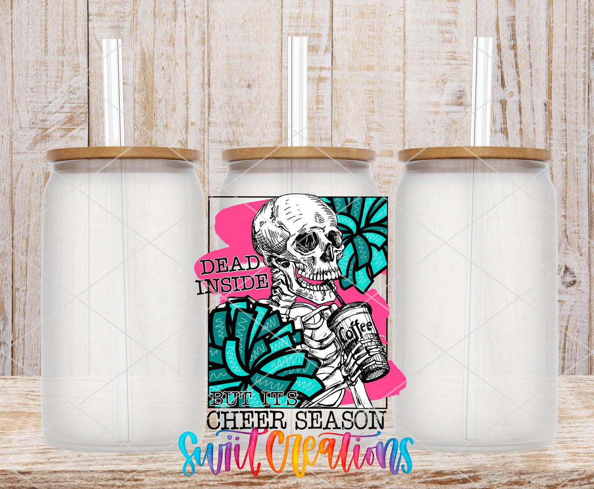 Dead Inside Cheer Season frosted glass tumbler mockup with bamboo lids and straws