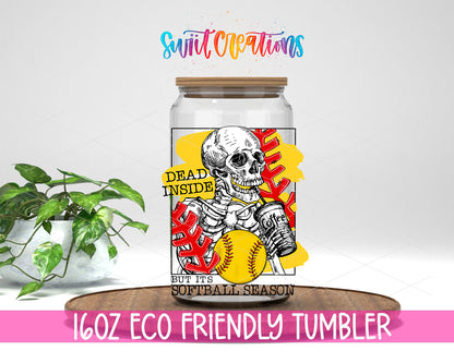 Dead Inside Softball Season design on a 16 oz clear glass tumbler with bamboo lid