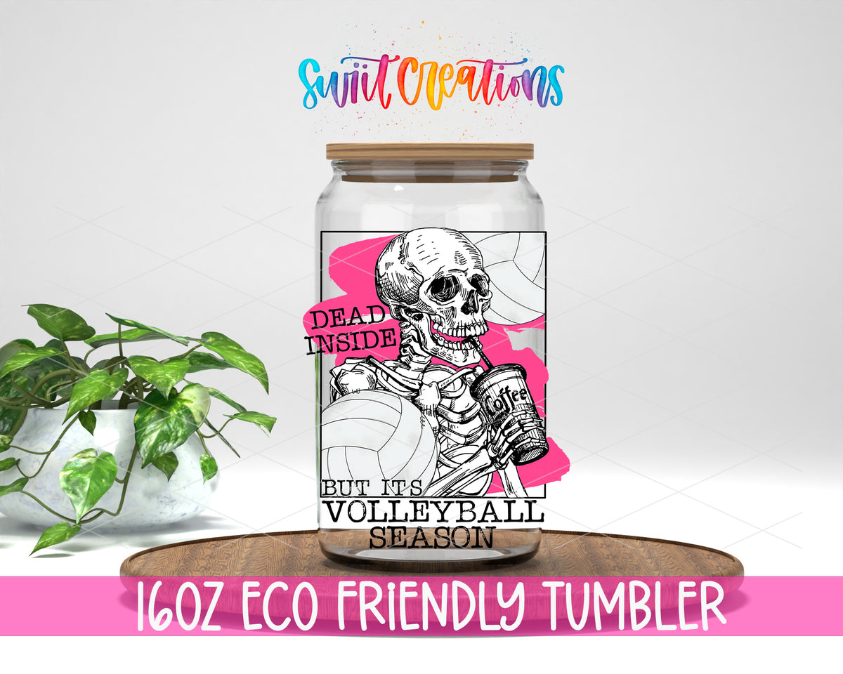 Dead Inside Volleyball Season design on a 16 oz clear glass tumbler with bamboo lid
