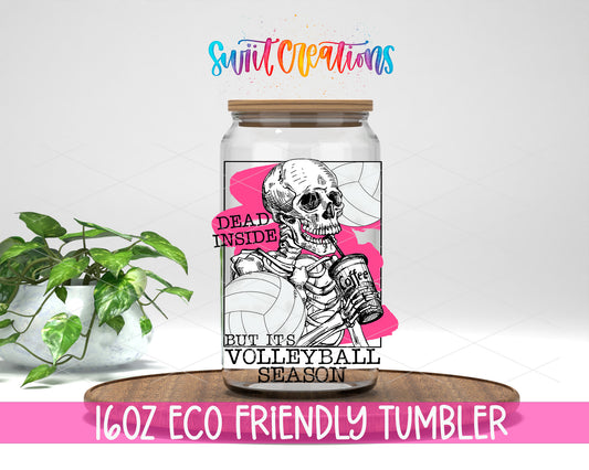 Dead Inside Volleyball Season design on a 16 oz clear glass tumbler with bamboo lid