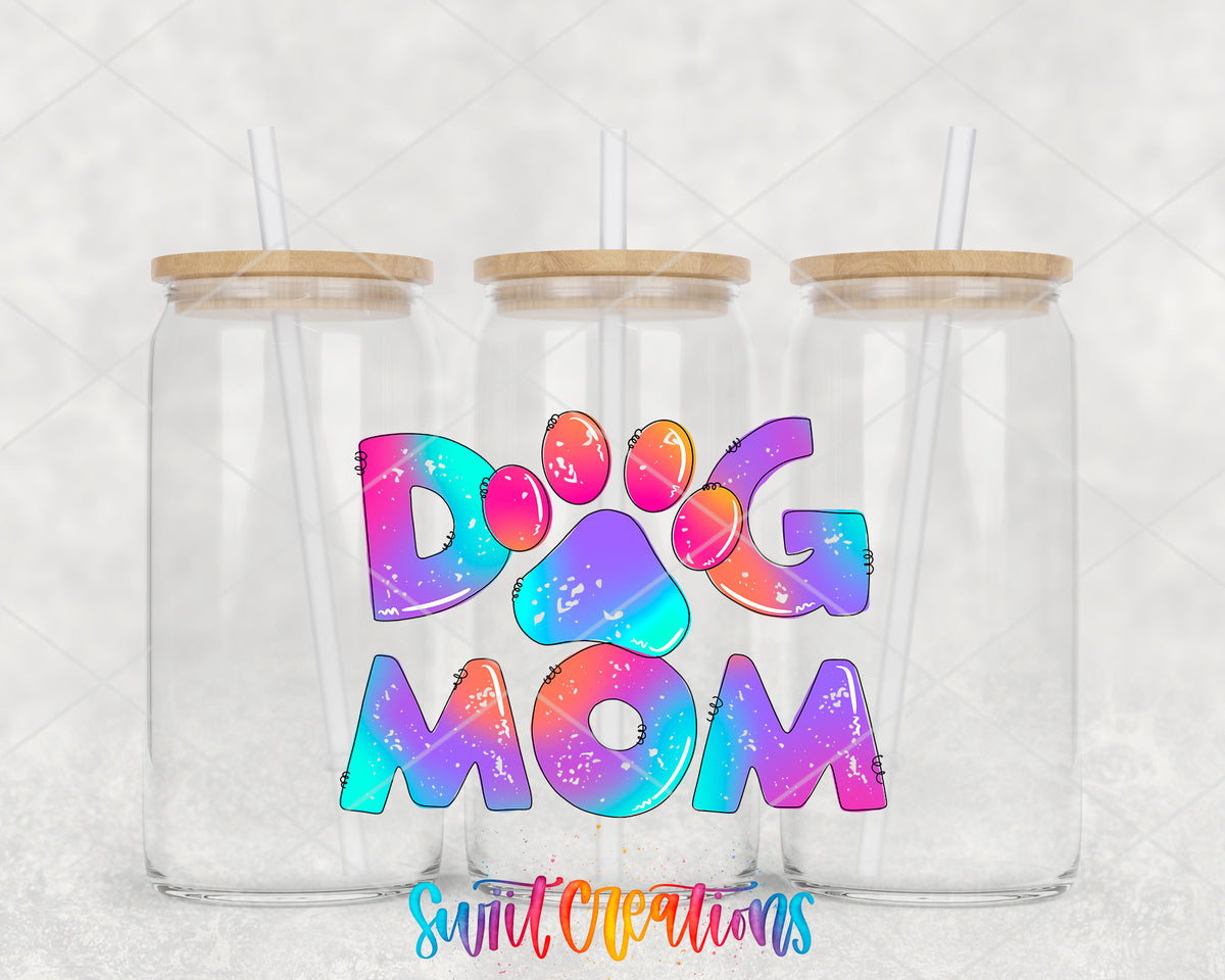 Tie Dye Dog Mom clear glass tumbler group mockup with bamboo lids and straws
