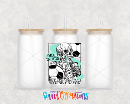Dead Inside Soccer Season frosted glass tumbler group view with lids and straws