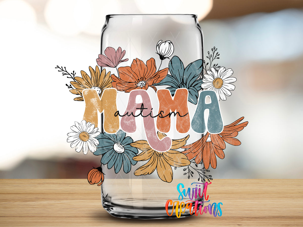 Autism Mama Floral design close-up on a clear glass can tumbler