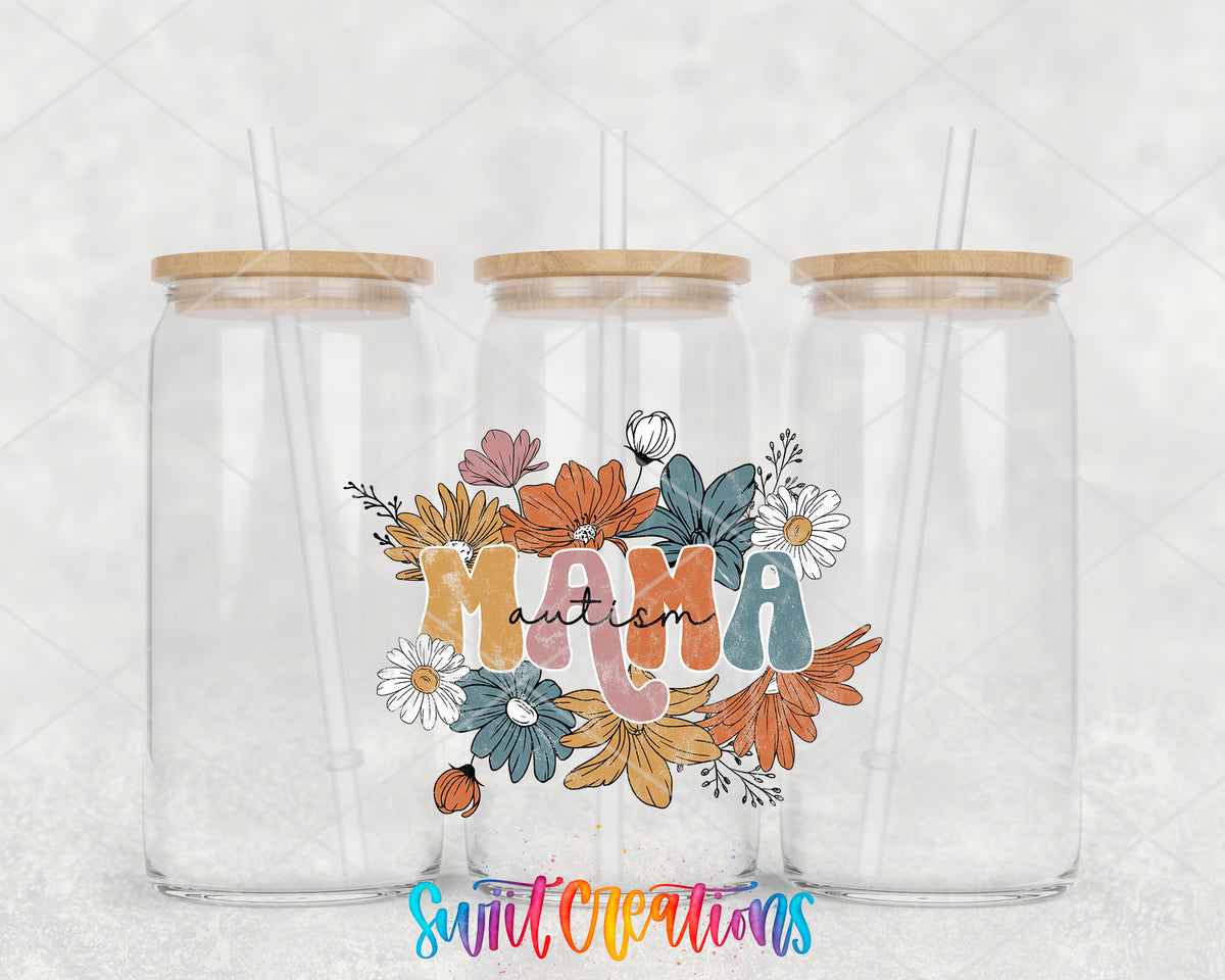 Autism Mama Floral clear glass tumbler group mockup with bamboo lids and straws