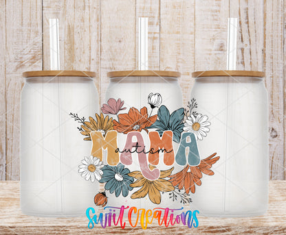 Autism Mama Floral frosted glass tumbler mockup with bamboo lids and straws