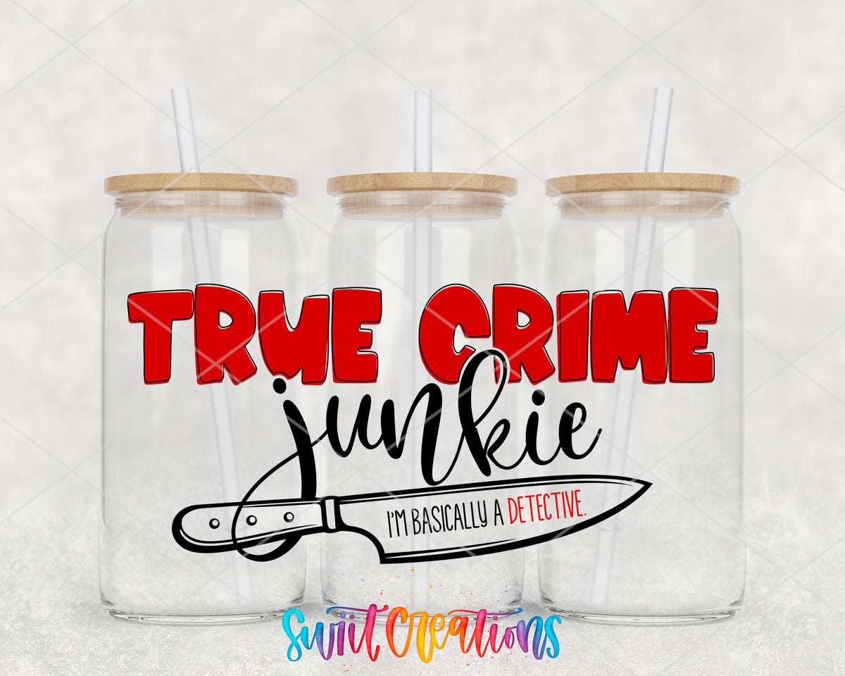 True Crime Junkie clear glass tumbler group mockup with bamboo lids and straws
