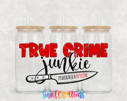 True Crime Junkie clear glass tumbler group mockup with bamboo lids and straws