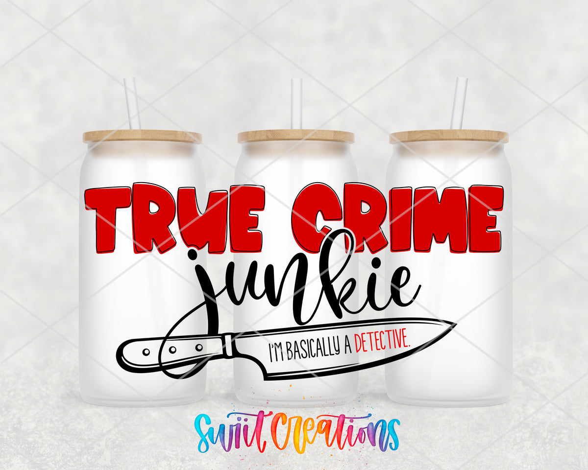True Crime Junkie frosted glass tumbler group view with lids and straws