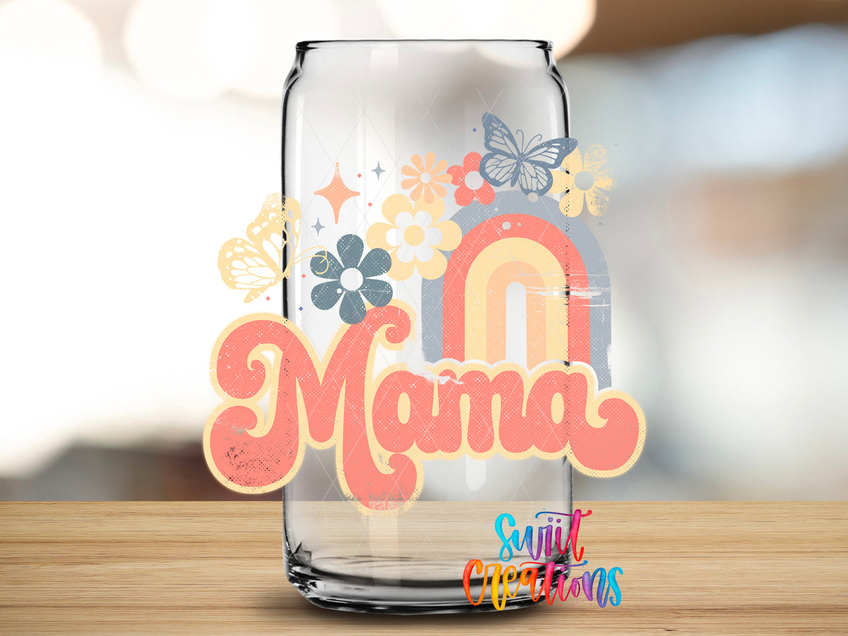Mama Rainbow Floral design close-up on a clear glass can tumbler
