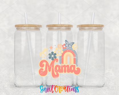 Mama Rainbow Floral clear glass tumbler group mockup with bamboo lids and straws