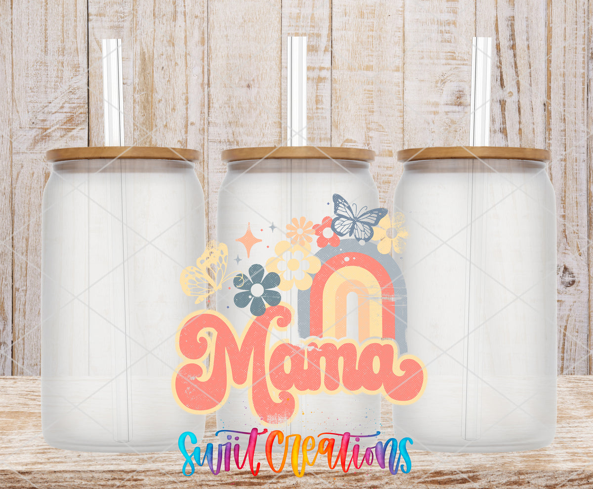 Mama Rainbow Floral frosted glass tumbler mockup with bamboo lids and straws