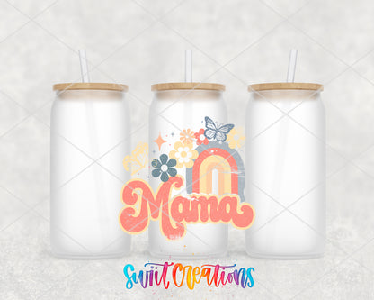 Mama Rainbow Floral frosted glass tumbler group view with lids and straws