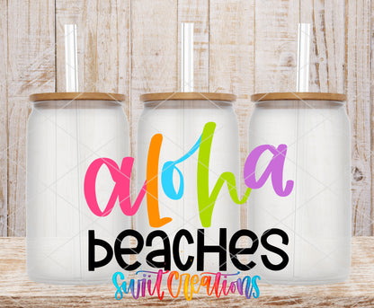 Aloha Beaches frosted glass tumbler mockup with bamboo lids and straws