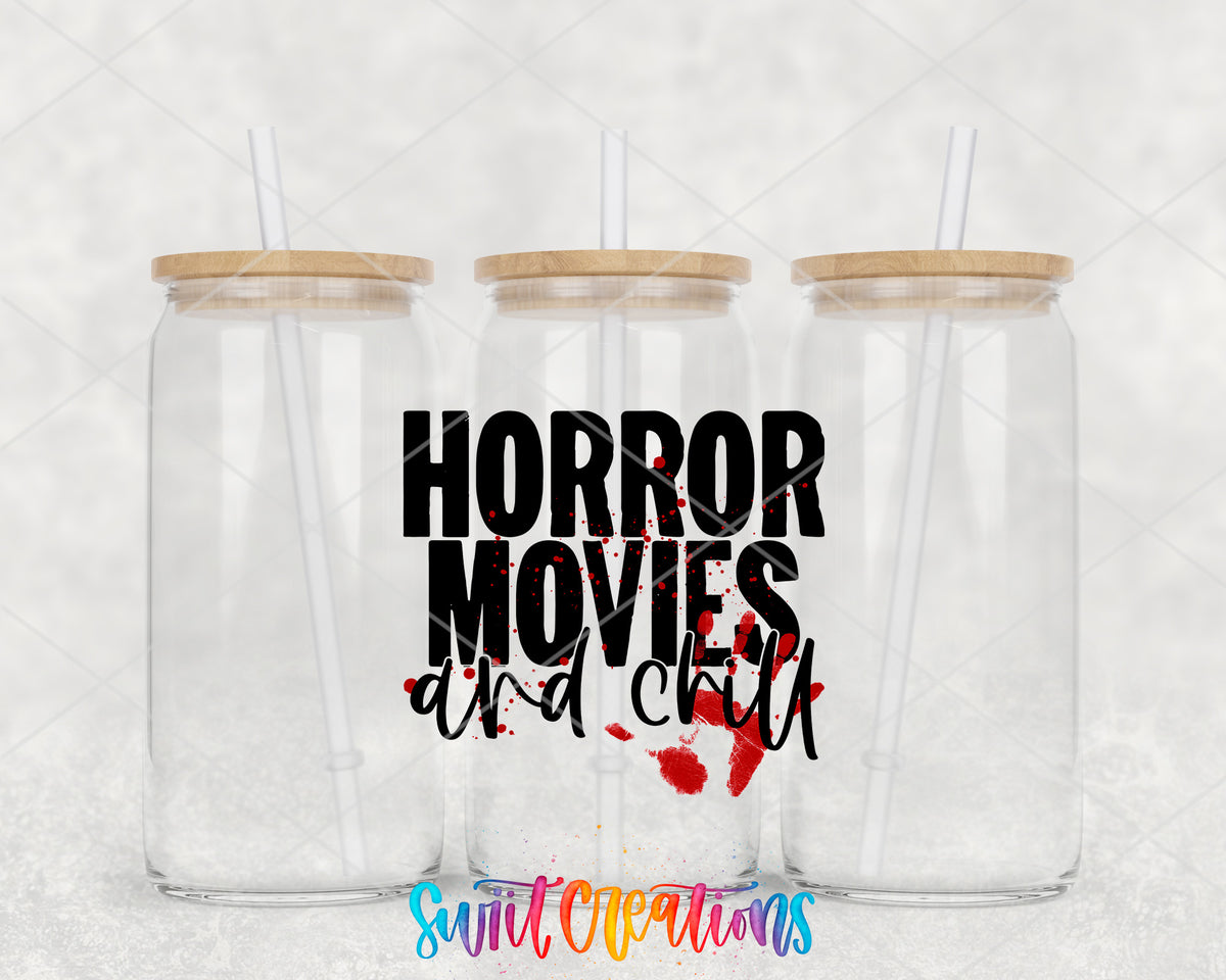 Horror Movies and Chill clear glass tumbler group mockup with bamboo lids and straws