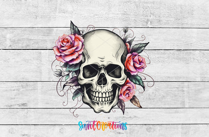 Pink Rose Floral Skull artwork detail for the finished 16 oz tumbler