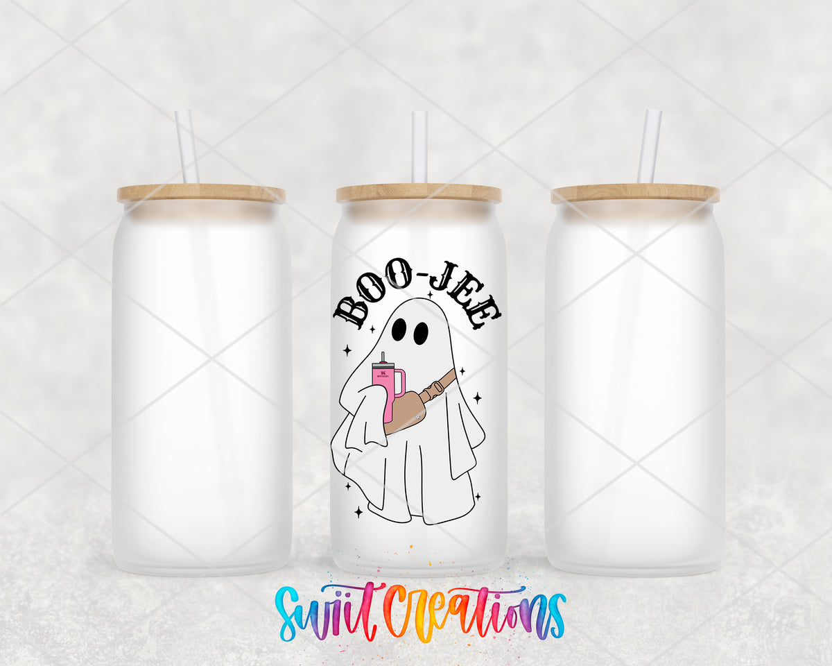 Boo-Jee Ghost frosted glass tumbler group view with lids and straws