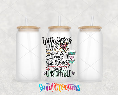 With Jesus and Coffee frosted glass tumbler group view with lids and straws