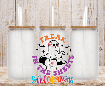 Freak in the Sheets Ghost frosted glass tumbler mockup with bamboo lids and straws