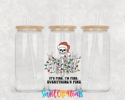Everything Is Fine Christmas Skeleton clear glass tumbler group mockup with bamboo lids and straws
