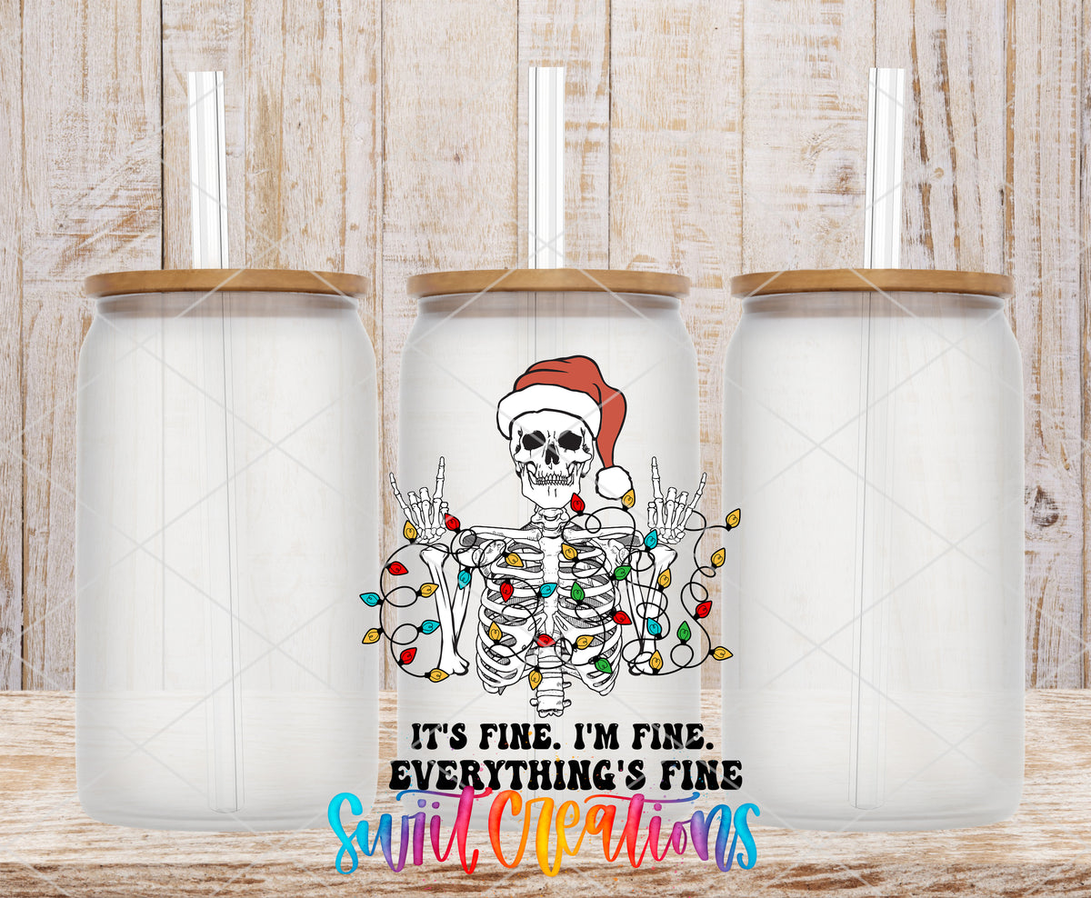 Everything Is Fine Christmas Skeleton frosted glass tumbler mockup with bamboo lids and straws