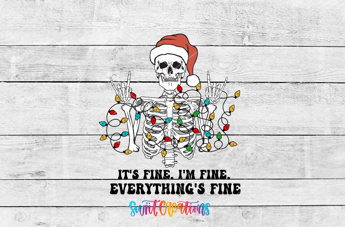 Everything Is Fine Christmas Skeleton artwork detail for the finished 16 oz tumbler
