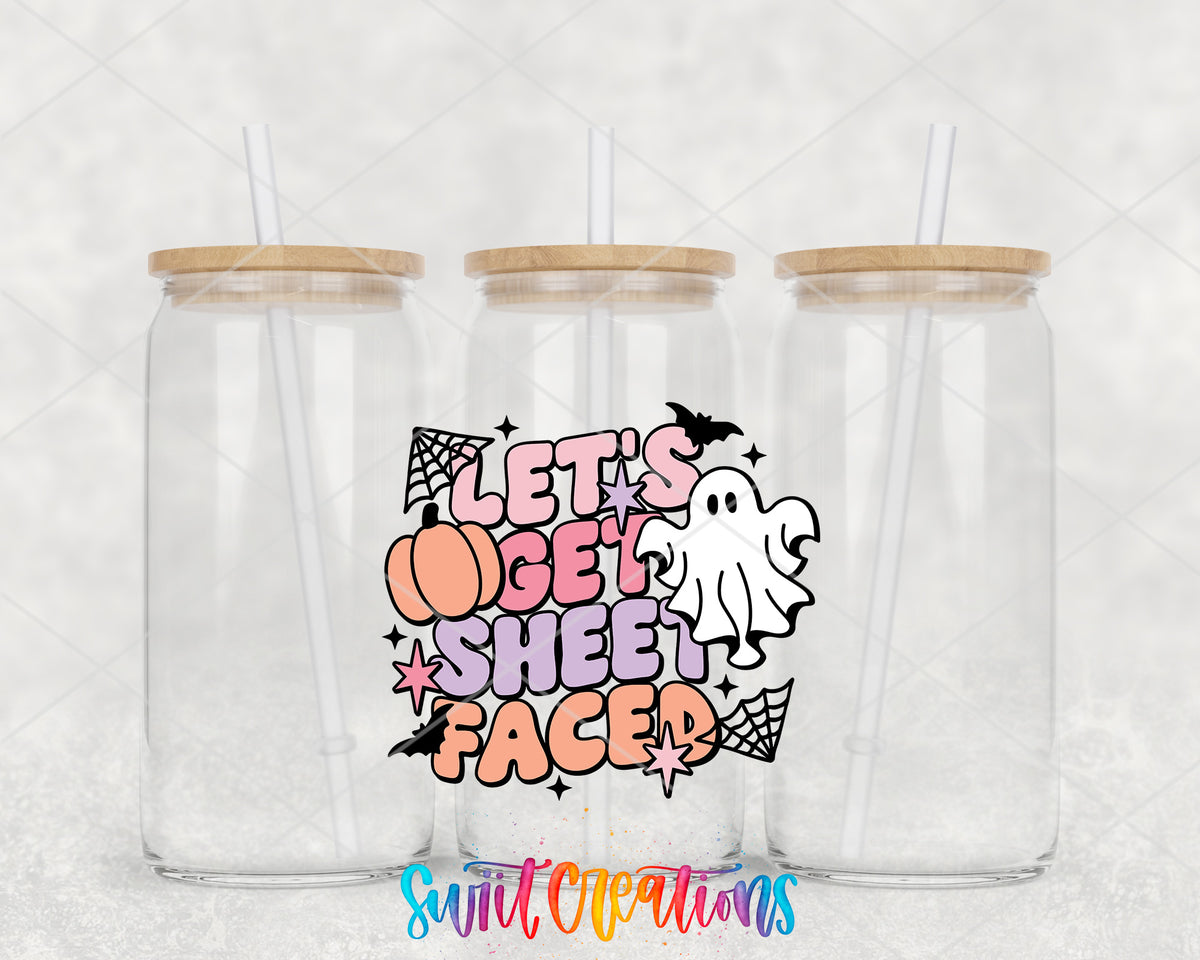 Lets Get Sheet Faced clear glass tumbler group mockup with bamboo lids and straws